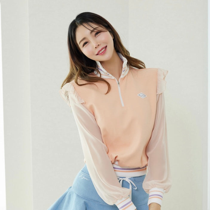 Coral Half Zip-up Chiffon Sleeve Sweatshirt