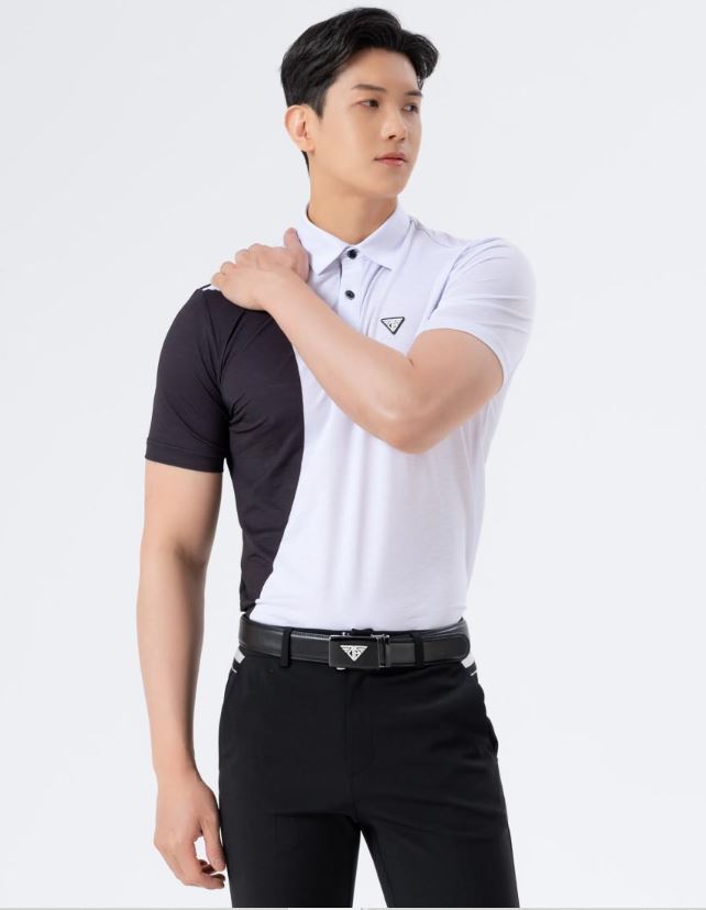 Men Golf Wear White Point Line Mesh Collar Top Shirt