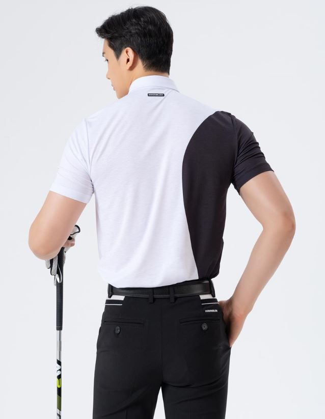 Men Golf Wear White Point Line Mesh Collar Top Shirt