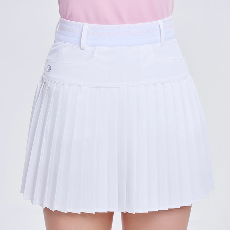White New Band Pleats Skirt