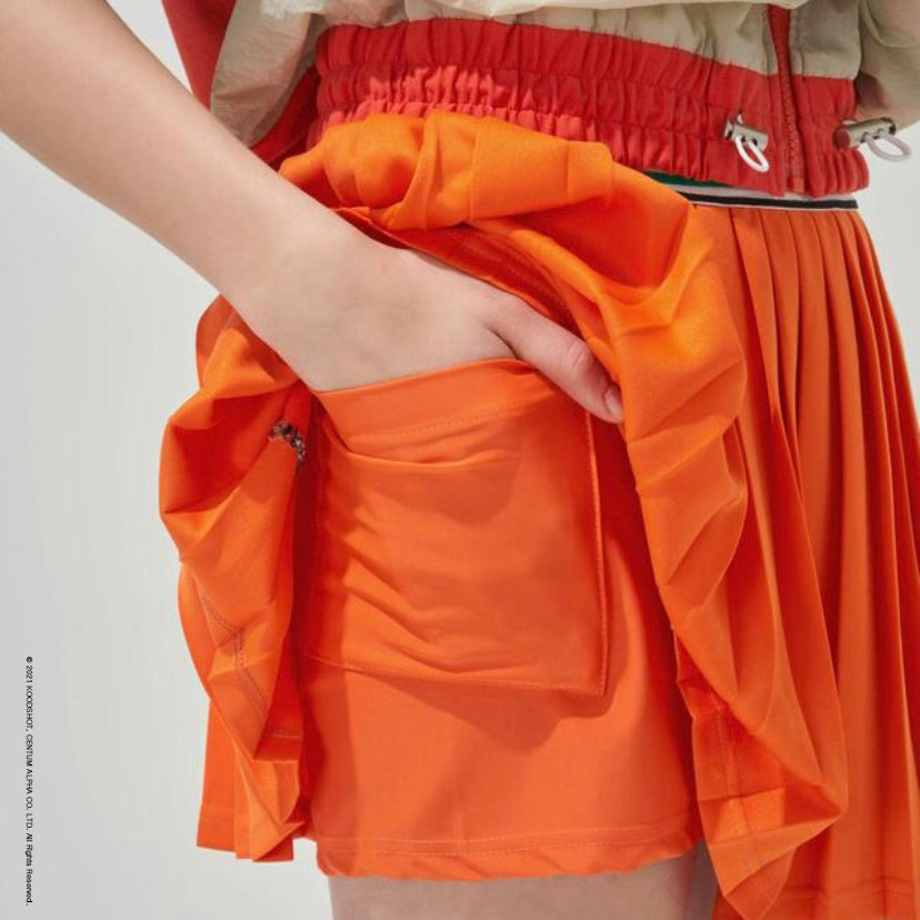 Orange Elastic Band Pleats Skirt