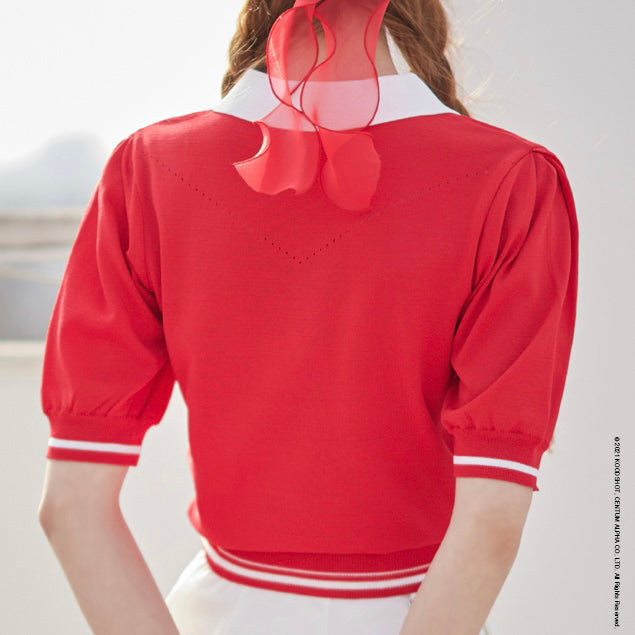 Red Puff Sleeve Half Zip-up Knit