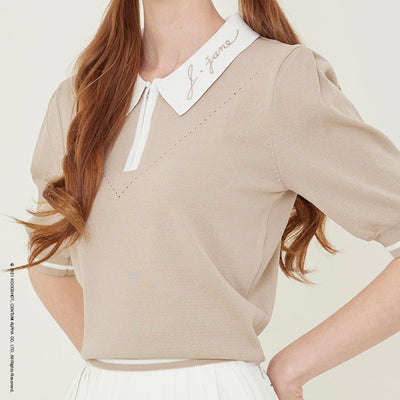 Beige Puff Sleeve Half Zip-up Knit