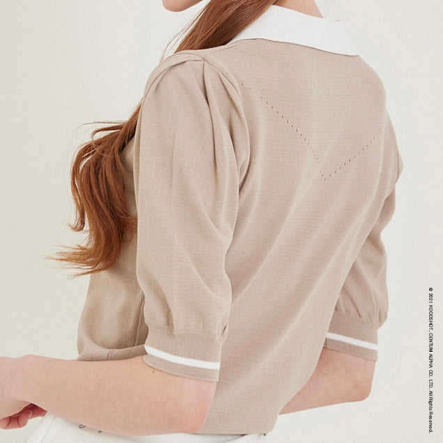 Beige Puff Sleeve Half Zip-up Knit