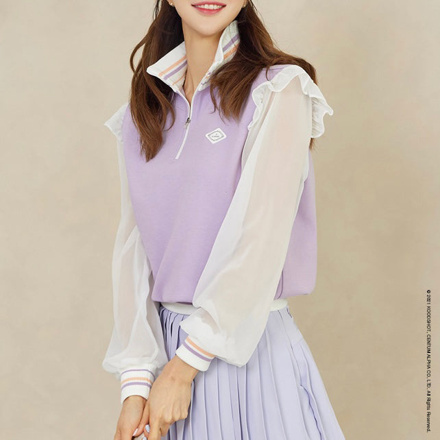 Lavender Half Zip-up Chiffon Sleeve Sweatshirt