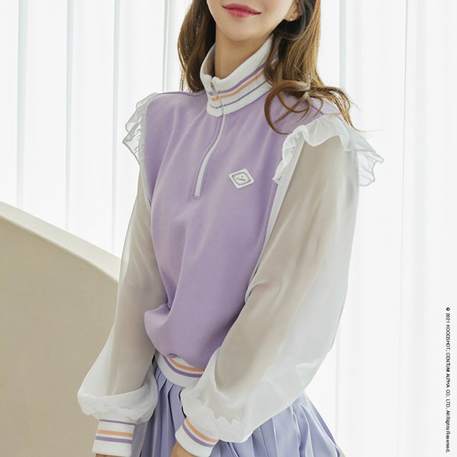 Lavender Half Zip-up Chiffon Sleeve Sweatshirt