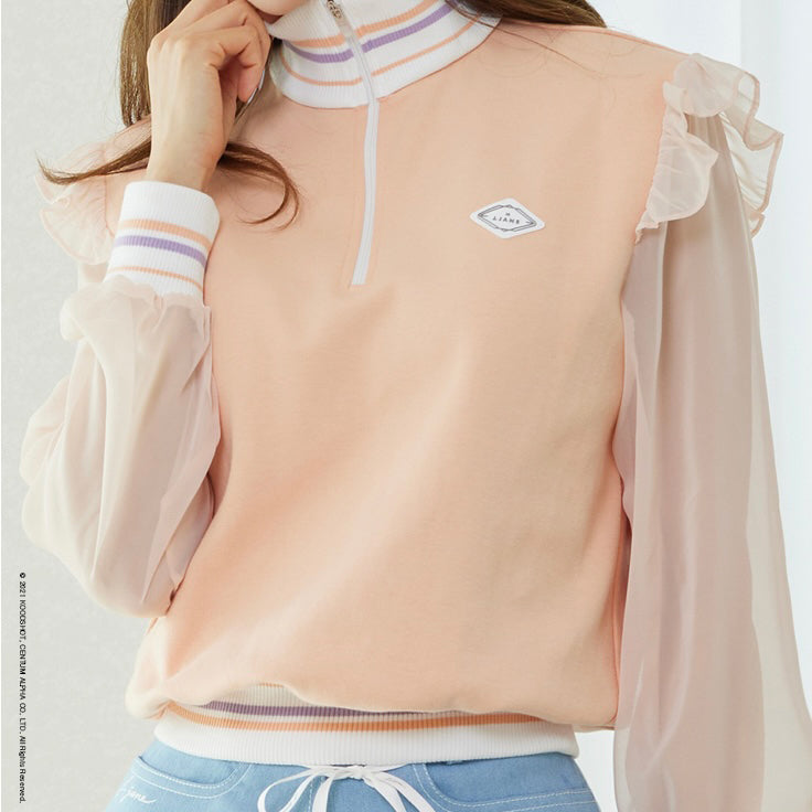 Coral Half Zip-up Chiffon Sleeve Sweatshirt