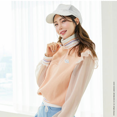 Coral Half Zip-up Chiffon Sleeve Sweatshirt