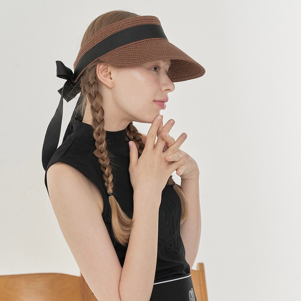 Brown Black Ribbon Straw Visor