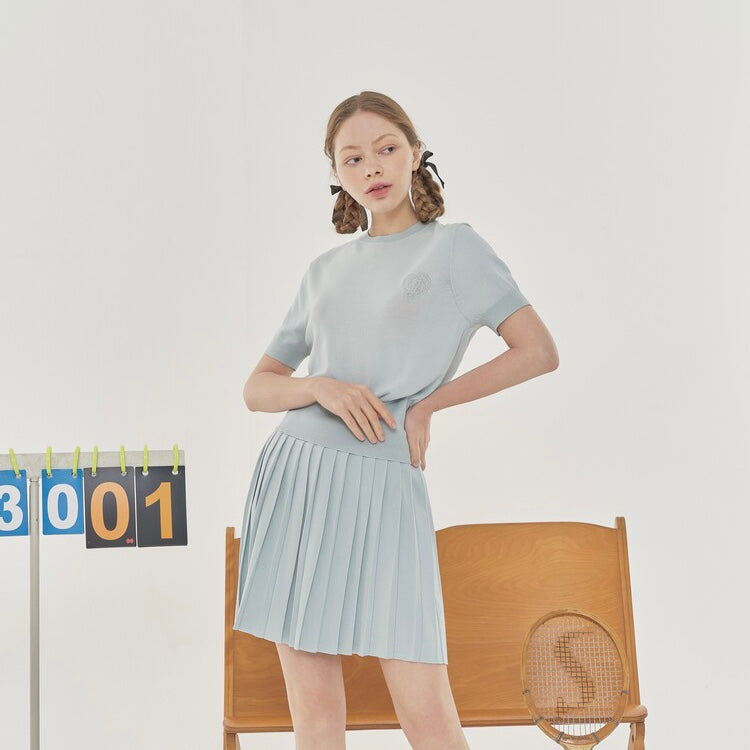 Pastel Blue Summer Short Sleeve + Pleated Skirt Set-up